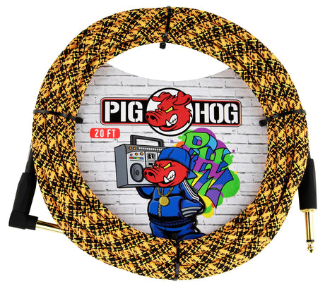 The image shows a Pig Hog 20-foot guitar instrument cable with a yellow and black woven fabric exterior. It has standard 1/4" plugs—one straight and one right-angle—used for connecting instruments to amps or pedals. The packaging features the Pig Hog logo with a red pig mascot and colorful graffiti-style artwork, highlighting the brand’s durable, tangle-resistant design and music-inspired aesthetic.