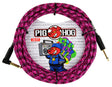 The image shows a Pig Hog 20-foot guitar cable with a pink and black braided exterior. It features gold-plated 1/4" plugs in a straight-to-right-angle configuration. Known for durability and a lifetime warranty, Pig Hog cables offer enhanced protection against wear and tangling. This instrument cable connects guitars, basses, keyboards, and other electronics to amps or pedals, combining functionality with vibrant design.