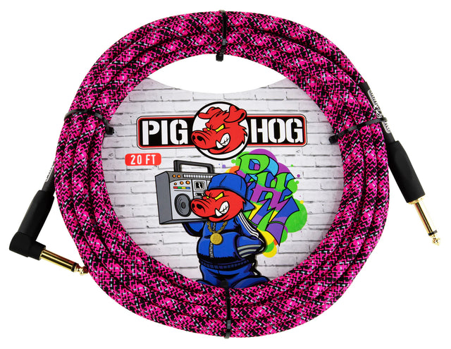 The image shows a Pig Hog 20-foot guitar cable with a pink and black braided exterior. It features gold-plated 1/4" plugs in a straight-to-right-angle configuration. Known for durability and a lifetime warranty, Pig Hog cables offer enhanced protection against wear and tangling. This instrument cable connects guitars, basses, keyboards, and other electronics to amps or pedals, combining functionality with vibrant design.
