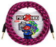 The image shows a Pig Hog 20-foot instrument cable with a pink and black braided jacket for durability and tangle resistance. It has gold-plated 1/4" connectors on both ends and features Pig Hog branding with a colorful pig mascot and graffiti-style text on the packaging. This high-quality cable is ideal for connecting guitars, basses, and keyboards to amps or pedals, favored for its reliability and signal clarity.
