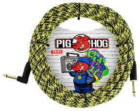 The image shows a Pig Hog 20-foot instrument cable with a yellow and black braided jacket, featuring gold-plated 1/4" TS connectors—one straight and one right-angled. The packaging displays graffiti-style artwork with the Pig Hog pig mascot and logo. This standard cable connects guitars or other instruments to audio equipment and is known for durability and affordability.