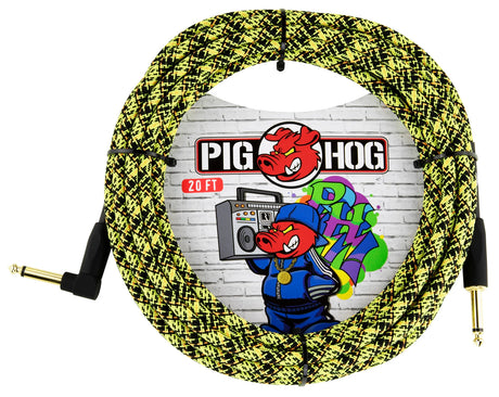 The image shows a Pig Hog 20-foot instrument cable with a yellow and black braided jacket, featuring gold-plated 1/4" TS connectors—one straight and one right-angled. The packaging displays graffiti-style artwork with the Pig Hog pig mascot and logo. This standard cable connects guitars or other instruments to audio equipment and is known for durability and affordability.