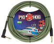 The image shows a Pig Hog 20-foot "Jamaican Green" instrument cable with a green and black woven jacket. It features gold-plated 1/4" phone plugs—one straight and one right-angled—and displays the Pig Hog red pig logo. Designed for guitars, basses, and other electronic instruments, the durable braided exterior enhances style and prevents tangling, making it a reliable choice for musicians.