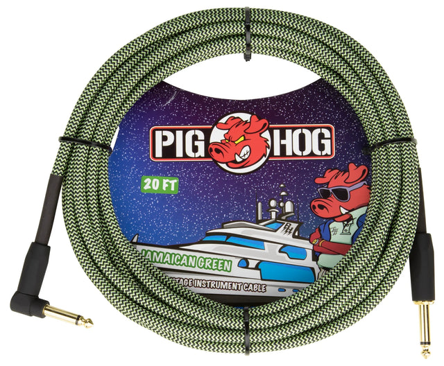 The image shows a Pig Hog 20-foot "Jamaican Green" instrument cable with a green and black woven jacket. It features gold-plated 1/4" phone plugs—one straight and one right-angled—and displays the Pig Hog red pig logo. Designed for guitars, basses, and other electronic instruments, the durable braided exterior enhances style and prevents tangling, making it a reliable choice for musicians.