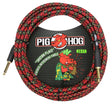 The image shows a Pig Hog brand 20-foot "Tartan Plaid" vintage instrument cable with a red and black woven fabric exterior. It features gold-plated 1/4" TS connectors on both ends and a heavy-duty braided covering for durability and tangle resistance. Designed for electric guitars, basses, and other electronic instruments, it combines functionality with a stylish vintage look.