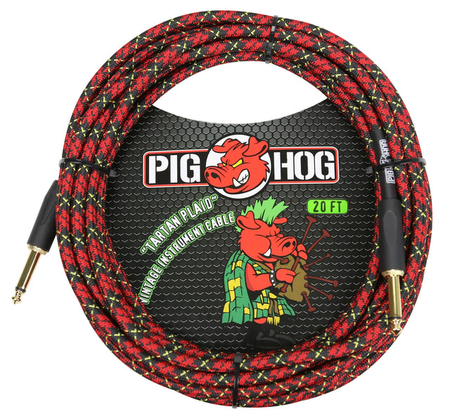 The image shows a Pig Hog brand 20-foot "Tartan Plaid" vintage instrument cable with a red and black woven fabric exterior. It features gold-plated 1/4" TS connectors on both ends and a heavy-duty braided covering for durability and tangle resistance. Designed for electric guitars, basses, and other electronic instruments, it combines functionality with a stylish vintage look.