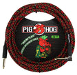 The image shows a Pig Hog vintage 20-foot instrument cable with a red, black, and yellow woven fabric exterior. It features standard 1/4" connectors—one straight and one right-angle—and packaging with the Pig Hog pig mascot logo. Designed for guitars, basses, and keyboards, the durable braided cable offers vintage style and protection against wear and tangling.