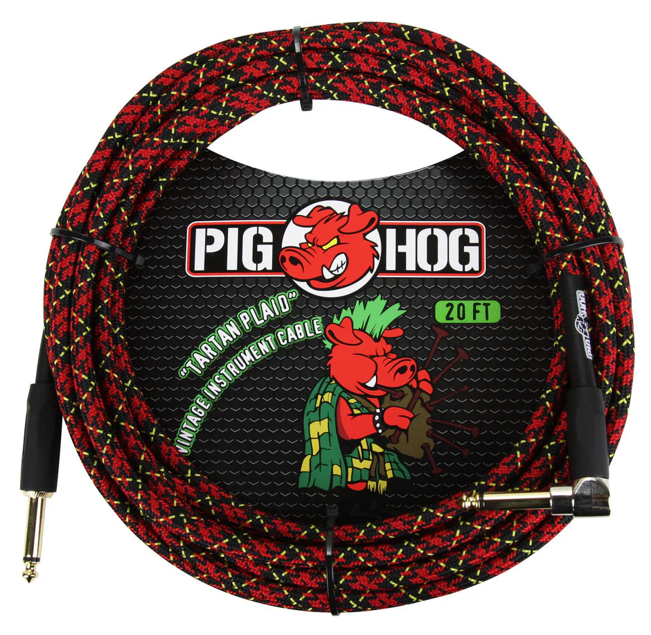 The image shows a Pig Hog vintage 20-foot instrument cable with a red, black, and yellow woven fabric exterior. It features standard 1/4" connectors—one straight and one right-angle—and packaging with the Pig Hog pig mascot logo. Designed for guitars, basses, and keyboards, the durable braided cable offers vintage style and protection against wear and tangling.