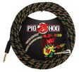 The image shows a Pig Hog "Rasta Stripes" vintage instrument cable, 20 feet long, with a woven exterior in red, yellow, green, and black. It has 1/4" plugs—one straight and one right-angle—suitable for guitars and other instruments. The packaging features the Pig Hog logo with a red pig mascot playing guitar. The colorful braided design adds durability and prevents tangling.