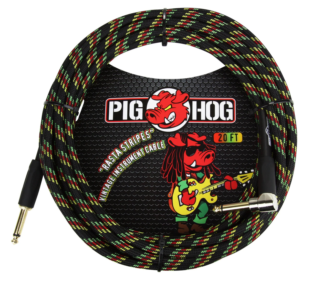 The image shows a Pig Hog "Rasta Stripes" vintage instrument cable, 20 feet long, with a woven exterior in red, yellow, green, and black. It has 1/4" plugs—one straight and one right-angle—suitable for guitars and other instruments. The packaging features the Pig Hog logo with a red pig mascot playing guitar. The colorful braided design adds durability and prevents tangling.