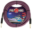 The image shows a Pig Hog "Riviera Purple" 20-foot vintage instrument cable with a purple and black braided exterior. It has gold-plated 1/4" connectors on both ends for guitars, basses, and other instruments. The packaging features the Pig Hog logo with a cartoon pig mascot wearing sunglasses and a nautical theme. Pig Hog cables are known for durability, stylish design, and reliability among musicians.