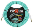 The image shows a 20-foot Pig Hog "Seafoam Green" vintage instrument cable with gold-plated 1/4" phone plugs. It features a turquoise color, Pig Hog’s cartoon pig logo, and retro packaging with a vintage truck design. Designed for electric guitars, basses, and other instruments, this professional-grade cable combines reliable performance with a distinctive, colorful vintage style.