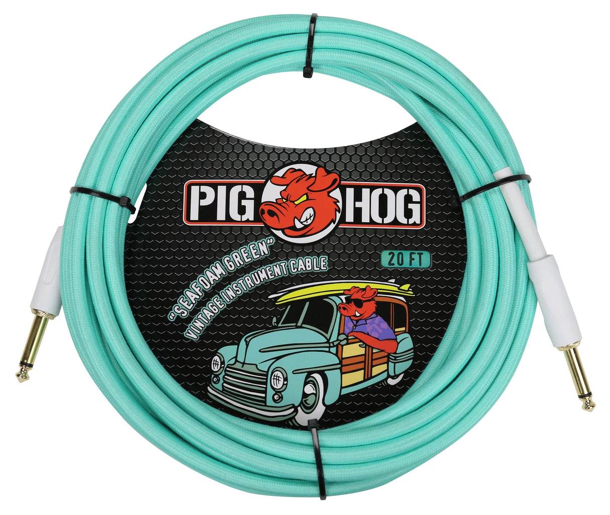 The image shows a 20-foot Pig Hog "Seafoam Green" vintage instrument cable with gold-plated 1/4" phone plugs. It features a turquoise color, Pig Hog’s cartoon pig logo, and retro packaging with a vintage truck design. Designed for electric guitars, basses, and other instruments, this professional-grade cable combines reliable performance with a distinctive, colorful vintage style.