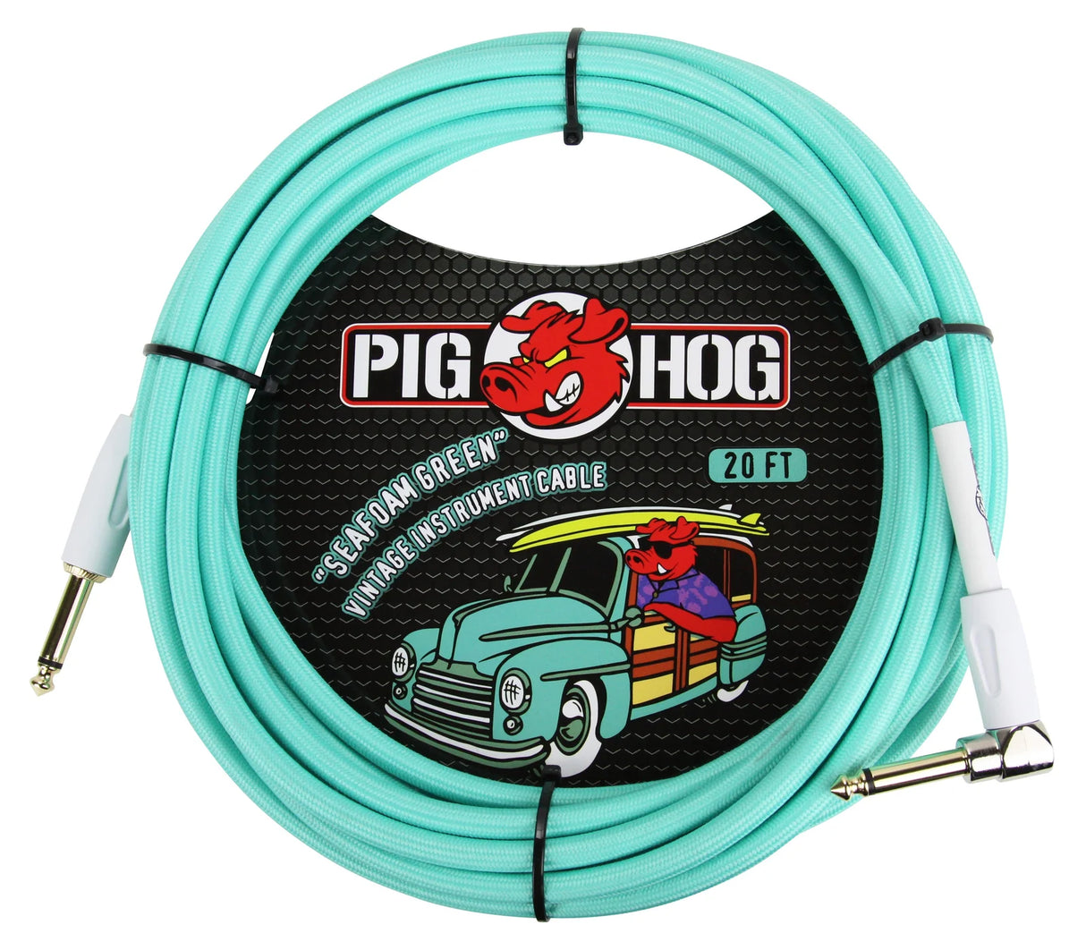 The image shows a 20-foot Pig Hog brand vintage-style instrument cable in seafoam green with 1/4" connectors. The coiled cable features a braided outer jacket for durability. Its packaging displays Pig Hog’s red pig logo and a retro seafoam green pickup truck illustration. This cable is typically used to connect guitars, basses, and keyboards to amps, pedals, or audio interfaces.