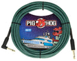 The image shows a Pig Hog 20-foot "Tahitian Blue" vintage instrument cable with a distinctive green/teal braided exterior. It features gold-plated 1/4" (6.35mm) phone plugs on both ends, designed for connecting guitars, basses, or keyboards to amps or audio gear. Known for durability, this high-quality cable offers excellent protection and reliable signal transfer, ideal for musicians.