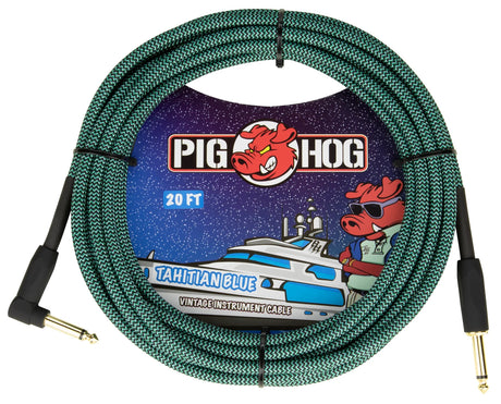 The image shows a Pig Hog 20-foot "Tahitian Blue" vintage instrument cable with a distinctive green/teal braided exterior. It features gold-plated 1/4" (6.35mm) phone plugs on both ends, designed for connecting guitars, basses, or keyboards to amps or audio gear. Known for durability, this high-quality cable offers excellent protection and reliable signal transfer, ideal for musicians.