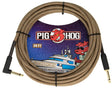 The image shows a 20-foot Pig Hog "Tuscan Brown" vintage-style instrument cable with a brown braided exterior and gold-plated 1/4" TS connectors—one straight and one right-angle. It features the Pig Hog logo with a cartoon pig mascot. The packaging has a nautical theme with the pig wearing sunglasses. This durable, vintage-look cable is used to connect guitars and other instruments to amps and pedals.