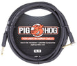 The image shows a 10-foot Pig Hog instrument cable with a black/dark gray coiled jacket and gold-plated 1/4" connectors on both ends. It features Tour Grade quality and a lifetime guarantee, as noted on the packaging. The Pig Hog logo with a cartoon pig mascot is visible. This durable cable is designed for connecting electric instruments to amps and pedals, ideal for professional musicians and live performance use.