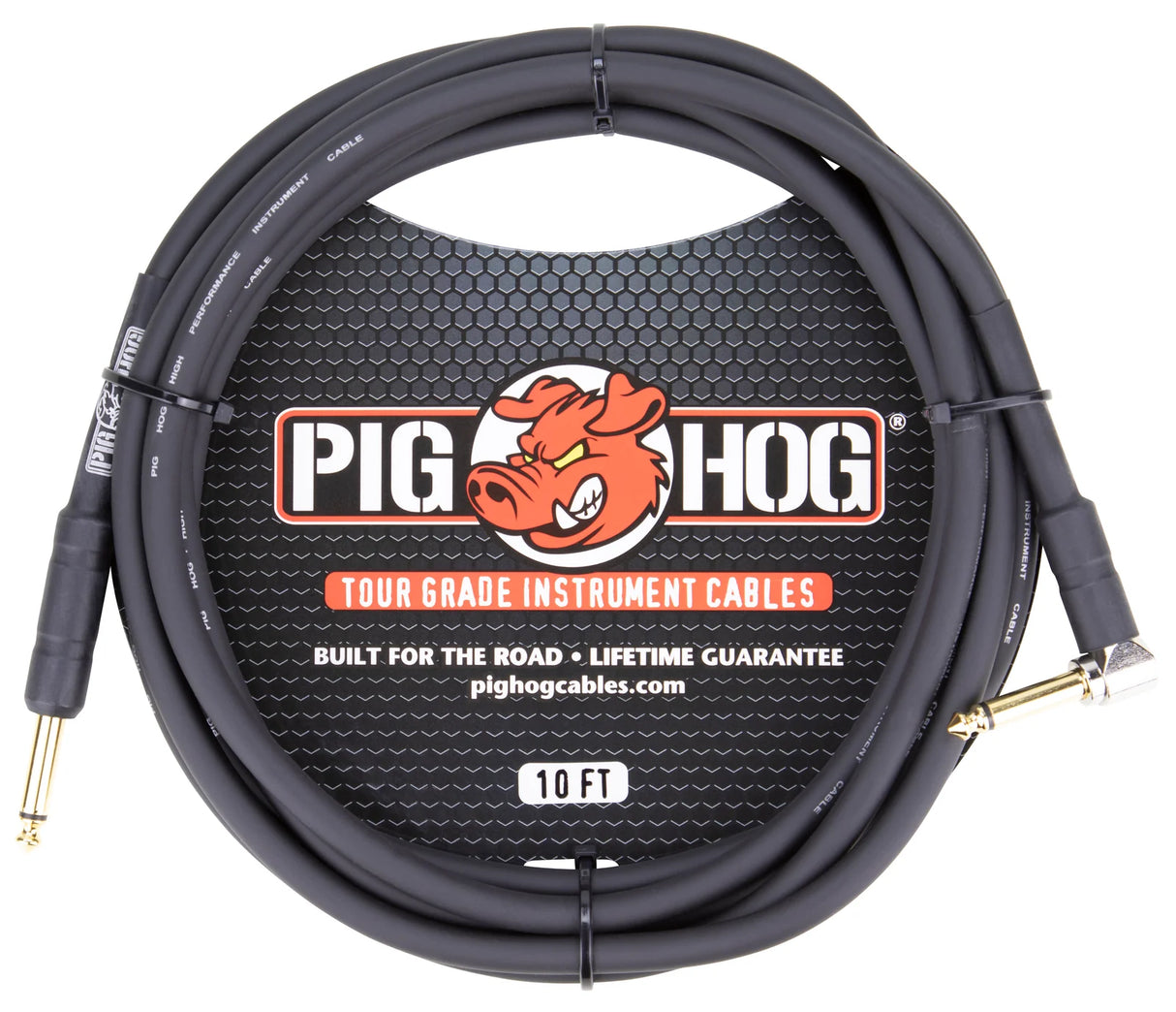 The image shows a 10-foot Pig Hog instrument cable with a black/dark gray coiled jacket and gold-plated 1/4" connectors on both ends. It features Tour Grade quality and a lifetime guarantee, as noted on the packaging. The Pig Hog logo with a cartoon pig mascot is visible. This durable cable is designed for connecting electric instruments to amps and pedals, ideal for professional musicians and live performance use.