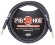 The image shows a Pig Hog Tour Grade 10-foot instrument cable with gold-plated 1/4" TS connectors and a coiled black/dark gray cable. It features the red pig mascot logo, "Built for the road," "Lifetime guarantee," and pighogcables.com on the packaging. This professional cable is designed for electric guitars, basses, and other instruments, offering durable, reliable connections ideal for live performance and frequent use.