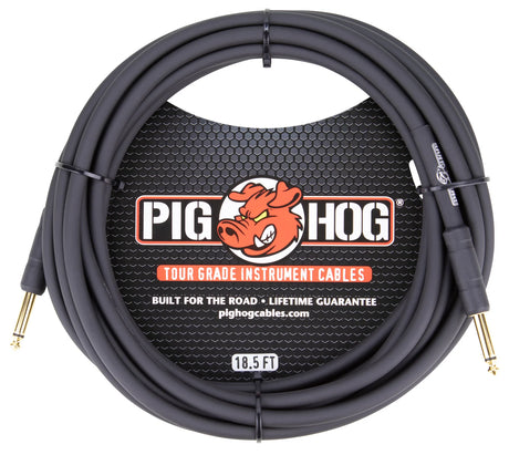 The image shows a Pig Hog Tour Grade instrument cable, 18.5 feet long, with dark gray/black insulation and gold-plated 1/4" phone plugs. Featuring the Pig Hog logo, it is marketed as "Built for the Road" with a lifetime guarantee. Designed for electric guitars, basses, and other instruments, this professional-quality cable offers durable, corrosion-resistant connectors ideal for live performance and reliable signal transmission.