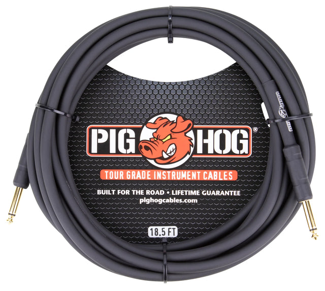 The image shows a Pig Hog Tour Grade instrument cable, 18.5 feet long, with dark gray/black insulation and gold-plated 1/4" phone plugs. Featuring the Pig Hog logo, it is marketed as "Built for the Road" with a lifetime guarantee. Designed for electric guitars, basses, and other instruments, this professional-quality cable offers durable, corrosion-resistant connectors ideal for live performance and reliable signal transmission.