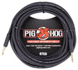 The image shows a coiled 25-foot Pig Hog tour-grade instrument cable with black sheathing and gold-plated 1/4" connectors. It features a black hexagonal mesh label with the Pig Hog logo and red pig mascot, stating "Tour Grade Instrument Cable," "Built for the Road," and a "Lifetime Guarantee." The packaging includes the website "pighogcables.com." This high-quality cable is designed for professional use with guitars, basses, and other electronic instruments.