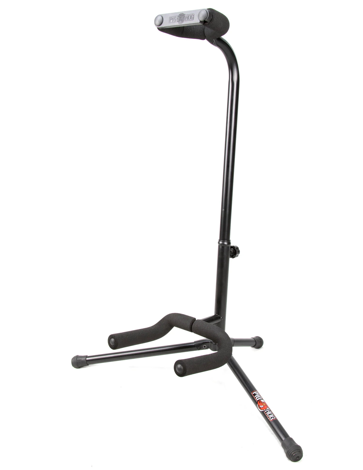 The image shows a black, adjustable guitar stand with a tripod base for stability. It has a height adjustment collar on the vertical pole and a padded yoke at the top to safely cradle the guitar's body. Protective padding prevents scratches or damage. This stand is commonly used by guitarists to securely hold guitars during play, practice, or storage, keeping the instrument accessible and safe from falls.