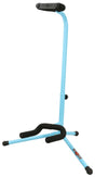 The image shows a floor-standing guitar stand with a light blue/turquoise metal frame and black padded parts. It features a tripod base for stability, adjustable height, padded contact points to protect the guitar, a yoke-style cradle to hold the body, and an upper neck support. This portable stand is ideal for safely storing and displaying acoustic or electric guitars at home, studios, or live venues.