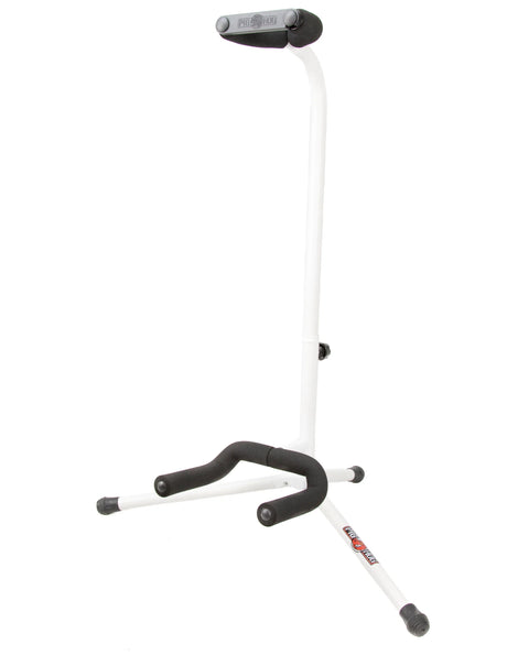 The image shows a tripod-style guitar floor stand with a white metal frame and black rubber or foam padding at contact points to protect the instrument. It features three legs for stability, a vertical support post, an upper yoke to cradle the guitar body, and padded areas where the neck rests. This common accessory safely holds acoustic or electric guitars, preventing scratches during storage or display at home, studios, or performances.