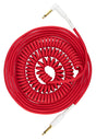 The image shows a bright red coiled guitar cable with gold-plated 1/4" TS connectors and white housings. It features one right-angle and one straight plug, commonly used to connect guitars or basses to amplifiers or pedals. The coiled design prevents tangling, enhances flexibility, and reduces stage clutter, making it a reliable and iconic accessory for live and studio use.
