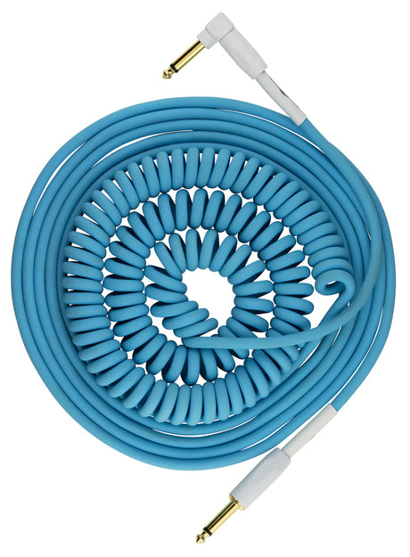 The image shows a blue/teal coiled instrument cable with gold-plated 1/4" TS connectors—one straight and one right-angle—with white housings. Designed for guitars, basses, and other instruments, its spiral design stretches for reach and retracts to prevent tangling and tripping. This high-quality cable is ideal for connecting musical gear to amps, pedals, or audio interfaces.