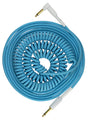 The image shows a blue/teal coiled instrument cable with gold-plated 1/4" TS connectors—one straight and one right-angle—with white housings. Designed for guitars, basses, and other instruments, its spiral design stretches for reach and retracts to prevent tangling and tripping. This high-quality cable is ideal for connecting musical gear to amps, pedals, or audio interfaces.