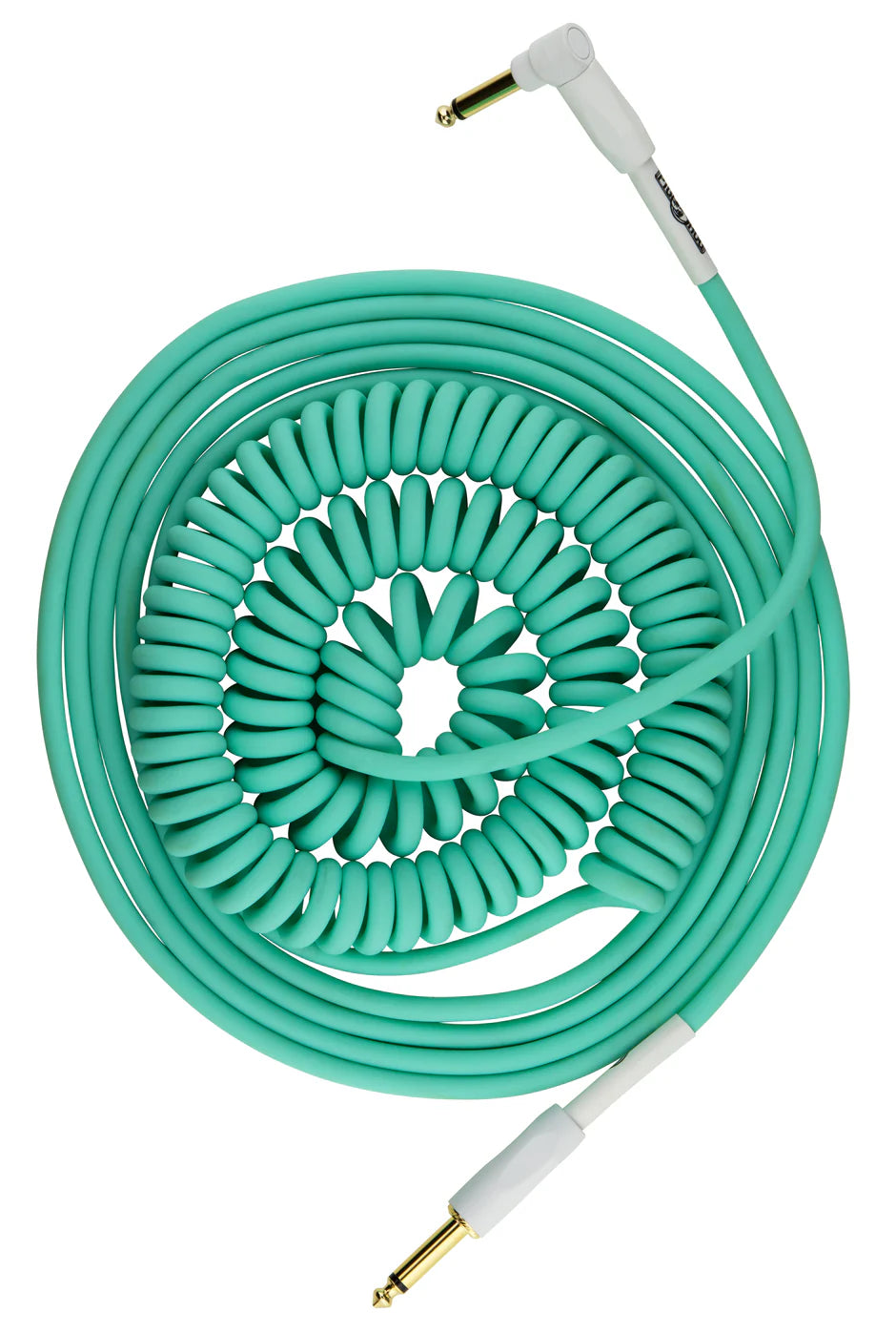 The image shows a coiled turquoise/mint green instrument cable with white connector housings and gold 1/4" phone plugs on both ends. Its spiral design allows stretch and retract for flexibility and compactness. Commonly used by guitarists and musicians, this professional-quality cable reduces stage clutter and tangling, combining a retro aesthetic with practical functionality ideal for studio or live performance.