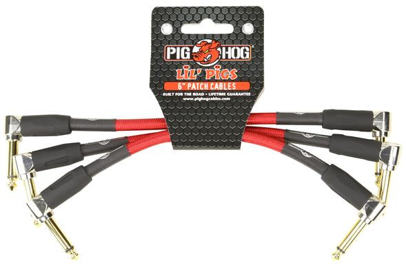 The image shows a set of 6 Pig Hog Lil' Pigs guitar patch cables with right-angle gold-plated 1/4" connectors. The cables feature red and black braided jackets for durability and are short in length, ideal for connecting effects pedals on a pedalboard. These compact cables save space and reduce strain, making them essential for musicians using multiple pedals. Pig Hog is known for reliable, affordable music accessories.