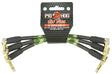 The image shows a set of Pig Hog "Lil' Pigs" 6-inch patch cables with gold-plated 1/4" TS right-angle connectors. The black cables feature green and brown woven sections for durability and style. Designed for tight pedalboard setups, they connect effects pedals without clutter. Known for road-ready durability and a lifetime guarantee, these cables are essential for guitarists and other musicians using multiple effects pedals.