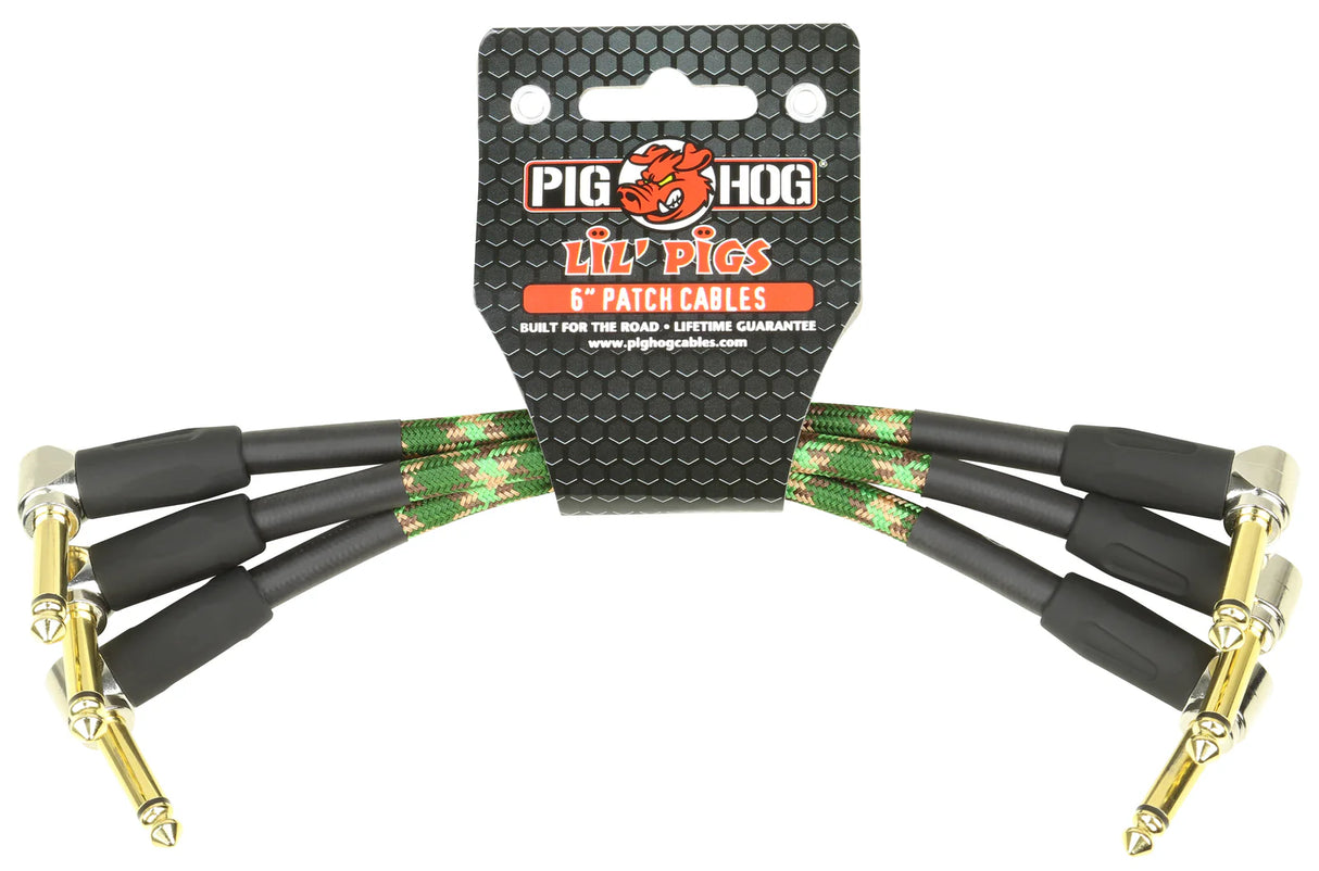 The image shows a set of Pig Hog "Lil' Pigs" 6-inch patch cables with gold-plated 1/4" TS right-angle connectors. The black cables feature green and brown woven sections for durability and style. Designed for tight pedalboard setups, they connect effects pedals without clutter. Known for road-ready durability and a lifetime guarantee, these cables are essential for guitarists and other musicians using multiple effects pedals.