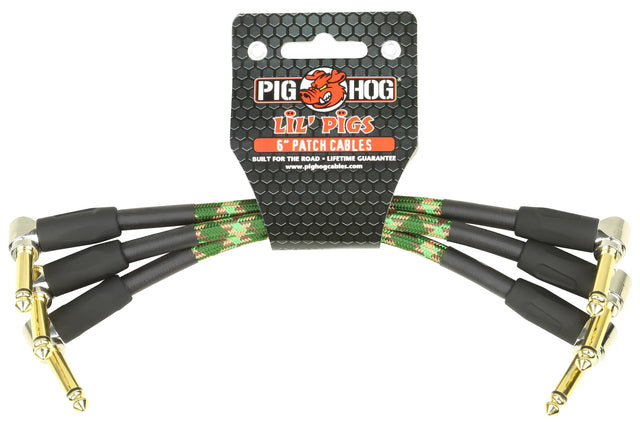 The image shows a set of Pig Hog "Lil' Pigs" 6-inch patch cables with gold-plated 1/4" TS right-angle connectors. The black cables feature green and brown woven sections for durability and style. Designed for tight pedalboard setups, they connect effects pedals without clutter. Known for road-ready durability and a lifetime guarantee, these cables are essential for guitarists and other musicians using multiple effects pedals.