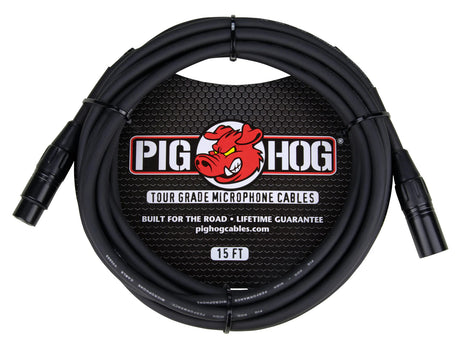 The image shows a coiled 15-foot black Pig Hog tour-grade XLR microphone cable with male and female connectors. It features the Pig Hog logo with a red pig mascot and is built for durability with a lifetime guarantee. Designed for professional audio use, it connects microphones to mixers or interfaces, making it ideal for musicians and audio engineers in live and studio settings.