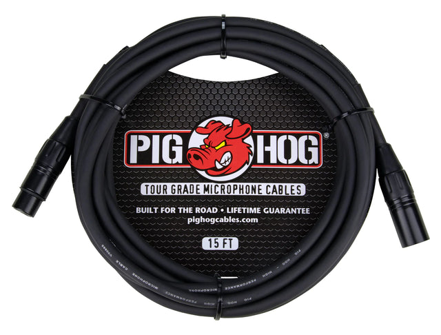 The image shows a coiled 15-foot black Pig Hog tour-grade XLR microphone cable with male and female connectors. It features the Pig Hog logo with a red pig mascot and is built for durability with a lifetime guarantee. Designed for professional audio use, it connects microphones to mixers or interfaces, making it ideal for musicians and audio engineers in live and studio settings.