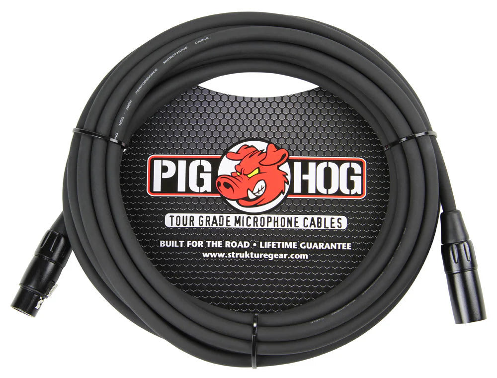 The image shows a Pig Hog Tour Grade microphone cable featuring black XLR connectors and a black cable. It displays the Pig Hog logo with a red pig mascot and the phrases "Built for the Road" and "Lifetime Guarantee." The packaging includes the website www.strukturegear.com. This professional, tour-grade cable is designed for reliable use in live and studio audio setups.