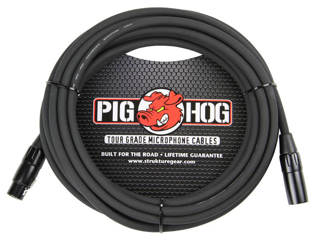 The image shows a Pig Hog Tour Grade microphone cable featuring black XLR connectors and a black cable. It displays the Pig Hog logo with a red pig mascot and the phrases "Built for the Road" and "Lifetime Guarantee." The packaging includes the website www.strukturegear.com. This professional, tour-grade cable is designed for reliable use in live and studio audio setups.