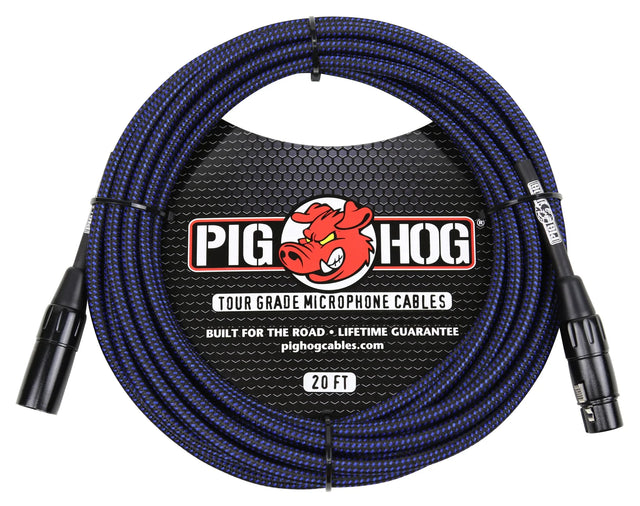 The image shows a Pig Hog brand 20-foot XLR microphone cable with a blue and black braided exterior. It features black metal XLR connectors, a "Tour Grade" label, and the Pig Hog logo with a red pig. Designed for professional use, it is built for durability, resists tangling, and comes with a lifetime guarantee, making it ideal for live and studio audio applications.