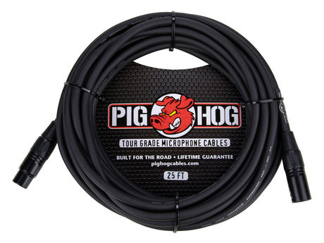 The image shows a Pig Hog tour-grade microphone cable, 25 feet long, with black XLR connectors and cable. It features the red pig mascot logo and marketing claims "Built for the Road" and "Lifetime Guarantee." The cable is designed for professional audio use in live sound and recording. The website pighogcables.com is also visible.