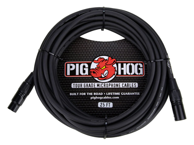 The image shows a Pig Hog tour-grade microphone cable, 25 feet long, with black XLR connectors and cable. It features the red pig mascot logo and marketing claims "Built for the Road" and "Lifetime Guarantee." The cable is designed for professional audio use in live sound and recording. The website pighogcables.com is also visible.