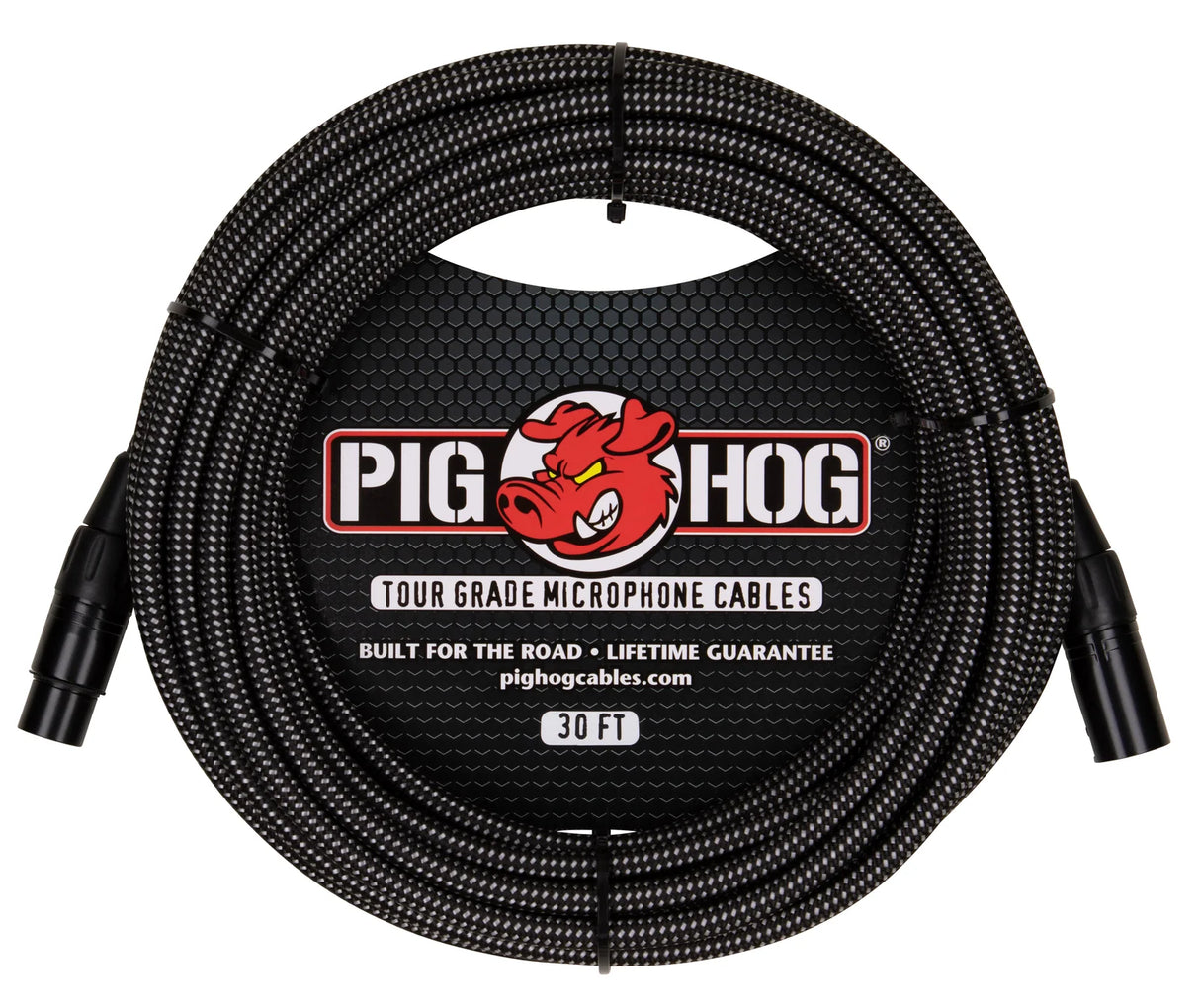 The image shows a Pig Hog Tour Grade 30-foot microphone cable with a black braided exterior, featuring XLR connectors on both ends. It includes the Pig Hog red pig logo and advertises "Built for the Road" and a lifetime guarantee. Designed for professional audio use, the cable is durable and ideal for touring musicians connecting microphones to audio equipment. The brand’s website, pighogcables.com, is also displayed.