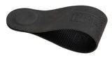 The image shows a black guitar shoulder rest with an ergonomic curved shape and padded surface for comfort. It features a textured honeycomb grip on the bottom to prevent slipping and has "PURE" branding embossed. This accessory helps classical and acoustic guitarists improve posture, reduce strain, and stabilize the guitar during extended playing sessions.