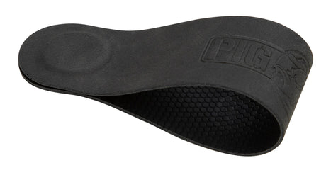 The image shows a black guitar shoulder rest with an ergonomic curved shape and padded surface for comfort. It features a textured honeycomb grip on the bottom to prevent slipping and has "PURE" branding embossed. This accessory helps classical and acoustic guitarists improve posture, reduce strain, and stabilize the guitar during extended playing sessions.