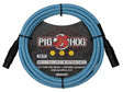 The image shows a 10-foot Pig Hog Professional Series XLR microphone cable with a bright blue/turquoise jacket and black male and female connectors. Designed for live performance, it features professional-grade construction, a lifetime warranty, and Pig Hog’s red boar logo. This coiled cable is essential for connecting microphones to audio equipment using reliable, balanced XLR connections.