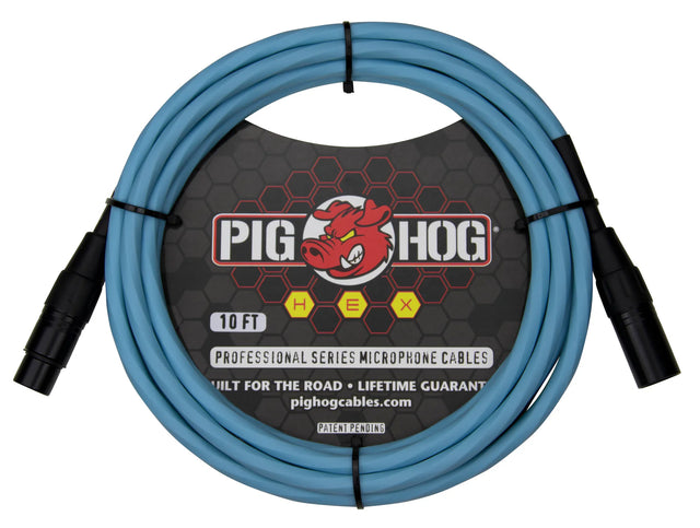 The image shows a 10-foot Pig Hog Professional Series XLR microphone cable with a bright blue/turquoise jacket and black male and female connectors. Designed for live performance, it features professional-grade construction, a lifetime warranty, and Pig Hog’s red boar logo. This coiled cable is essential for connecting microphones to audio equipment using reliable, balanced XLR connections.